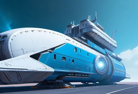 sci-fi, Futuristic, aJed-Rst, spaceport:1.3, tarmac, (Rusty spaceport buildings):1.3, (((beautiful, hyper realistic, high quality, highly detailed))), sleek blue neotech spacecraft (freighter),
