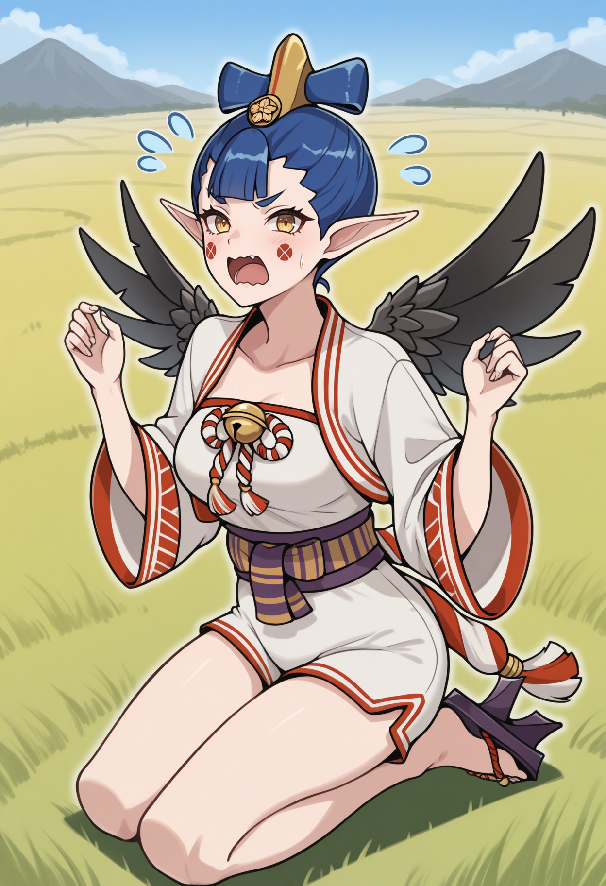 masterpiece, best quality, 1girl, seiza, shouting, hands up, looking at viewer, wavy mouth, flying sweatdrops, <lora:AmanozakoSMT-illu:1> am4n0, blue hair, short hair, hair ornament, yellow eyes, pointy ears, facial mark, white jacket, open jacket, cropped jacket, medium breasts, wide sleeves, japanese clothes, romper, shimenawa, jingle bell, sash, black wings, tengu-geta, field, outdoors
