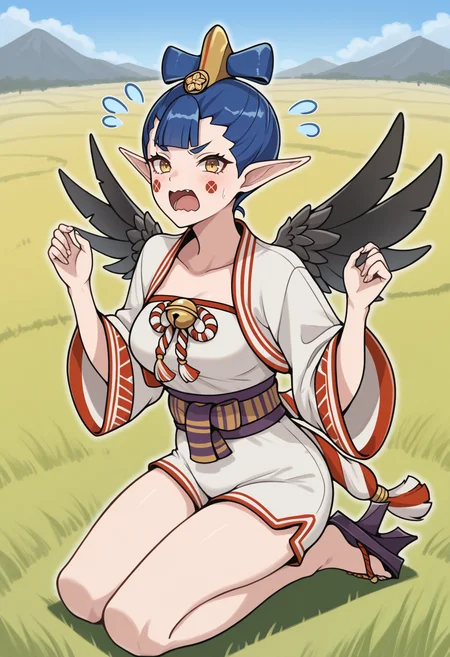 masterpiece, best quality, 1girl, seiza, shouting, hands up, looking at viewer, wavy mouth, flying sweatdrops, <lora:AmanozakoSMT-illu:1> am4n0, blue hair, short hair, hair ornament, yellow eyes, pointy ears, facial mark, white jacket, open jacket, cropped jacket, medium breasts, wide sleeves, japanese clothes, romper, shimenawa, jingle bell, sash, black wings, tengu-geta, field, outdoors