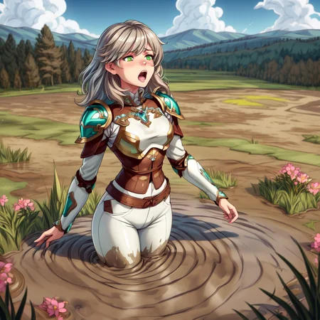 masterpiece, best quality, digital art, deviantart, 1girl, light brown hair, large breasts, small waist, wide hips, silver breastplate, shoulder armor, white pants, green grass, hills in the distance, trees, flowers, blue sky, partially submerged, beige mud, mud bog, sticky mud, scared, worried, screaming, from above, eyes looking up