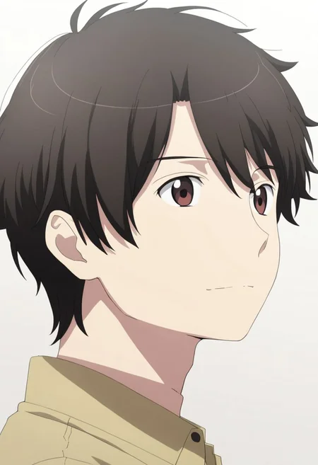 high resolution, solo, best quality, 1Boy, Inaho Kaizuka, Black Hair, Brown Eyes, potrait, dark shirt, looking at viewer, focused gaze forward, simple background, straight body, upper body, head upright, happiness, OverallDetail