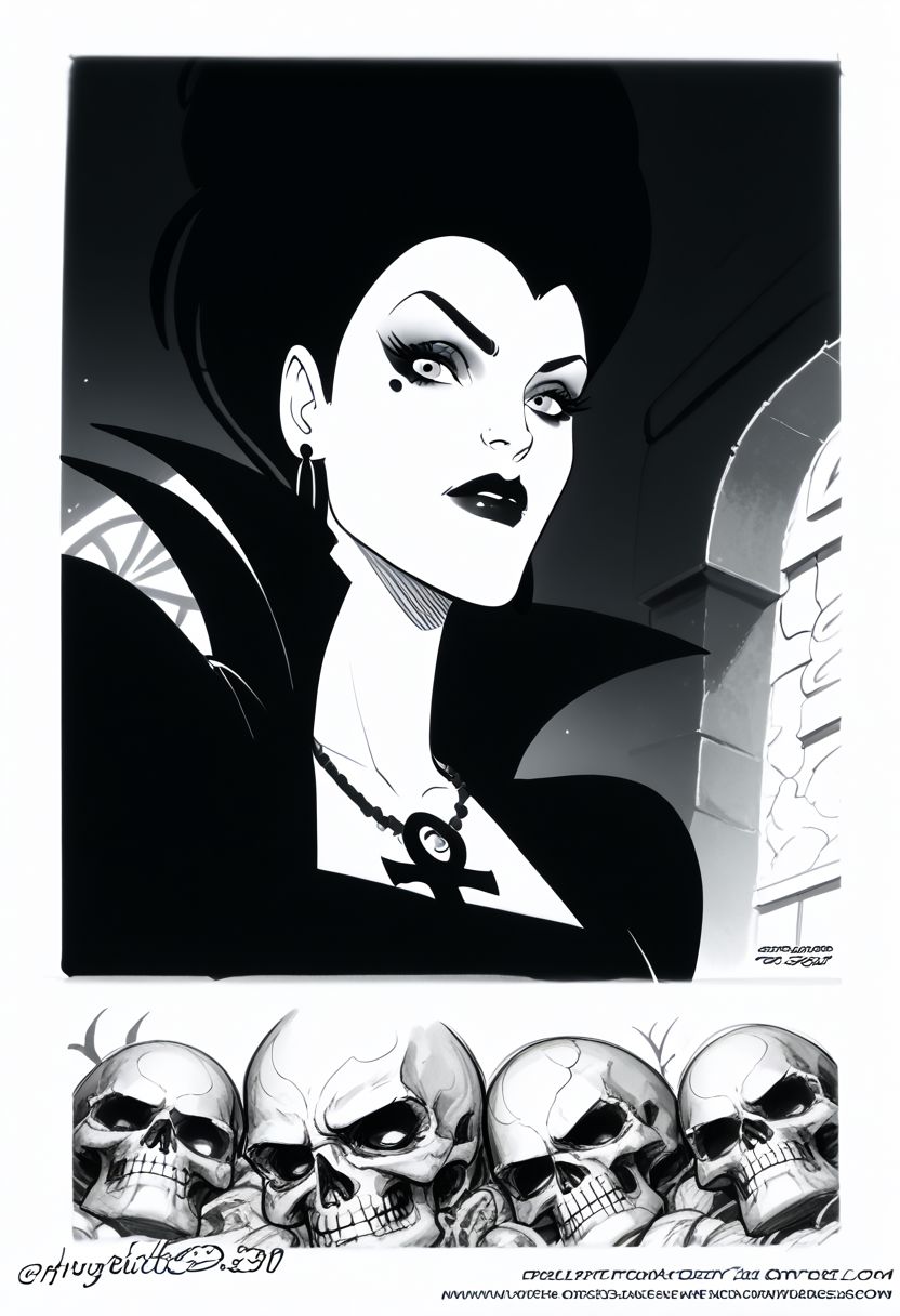 Aunt Lydia , 1girl, earrings, jewelry, necklace, ankh necklace, monochrome, traditional media, sketch, black lips, cross earrings, long hair, lipstick, makeup, skull, looking at viewer, comic art style, death_of_the_endless\(sandman\), greyscale, monochrome, cinematic angle, cinematic lighting, BREAK zPDXL2 PonyXLV6_Scores