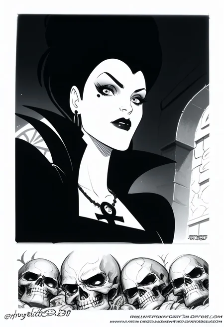 Aunt Lydia , 1girl, earrings, jewelry, necklace, ankh necklace, monochrome, traditional media, sketch, black lips, cross earrings, long hair, lipstick, makeup, skull, looking at viewer, comic art style, death_of_the_endless\(sandman\), greyscale, monochrome, cinematic angle, cinematic lighting, BREAK zPDXL2 PonyXLV6_Scores