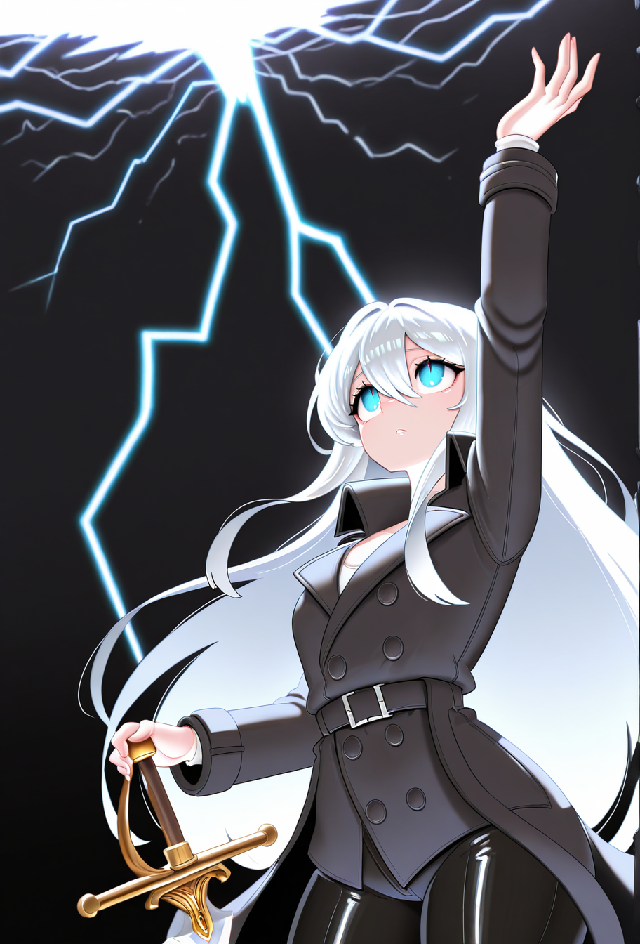 masterpiece, best quality, absurdres, 1girl, solo, <lora:Kasniff_r1:1>, Kasniff, white hair, long hair, holding sword, one arm up, dark background, lightning, looking up, blue eyes, black trenchcoat, white undershirt, black pants