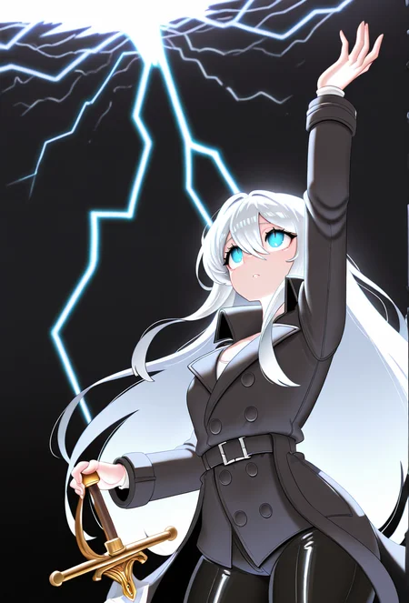 masterpiece, best quality, absurdres, 1girl, solo, <lora:Kasniff_r1:1>, Kasniff, white hair, long hair, holding sword, one arm up, dark background, lightning, looking up, blue eyes, black trenchcoat, white undershirt, black pants