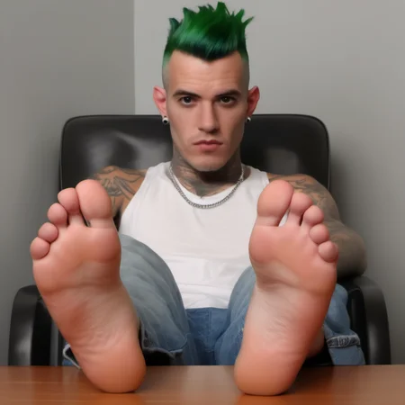 a scary but handsome man with tattoos and facial piercings, mohawk green hair, showing his soles, <lora:ManSolesV2.1-CruzFlesh:1>, clean shaved masculine square jaw