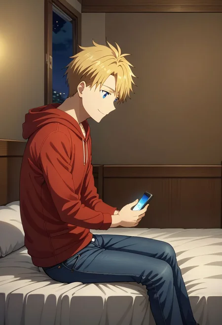 1boy, solo, anime, male focus, Yamato Ishida, blonde hair, blue eyes, red hoodie, jeans, socks, holding smartphone, sit, looking down, gente smile, open eyes, side view,
indoor, bed, night,