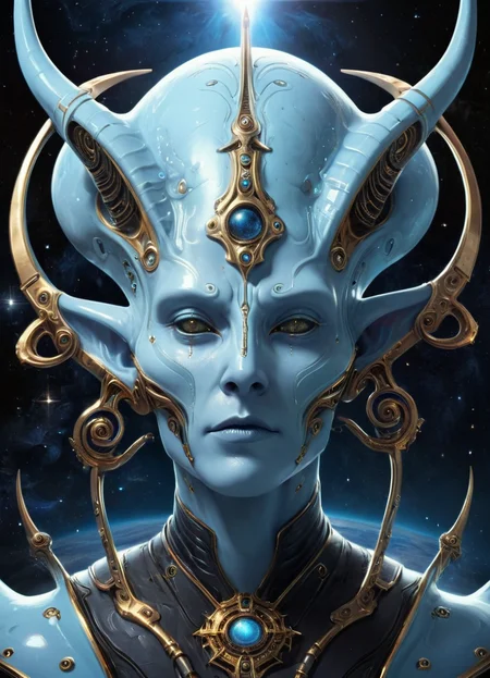 Light Blue Alien God face, Space Station background, Scince Fiction, Cross, horns, GHTEN <lora:derv-GHTEN-SDXL-Civit:0.5>