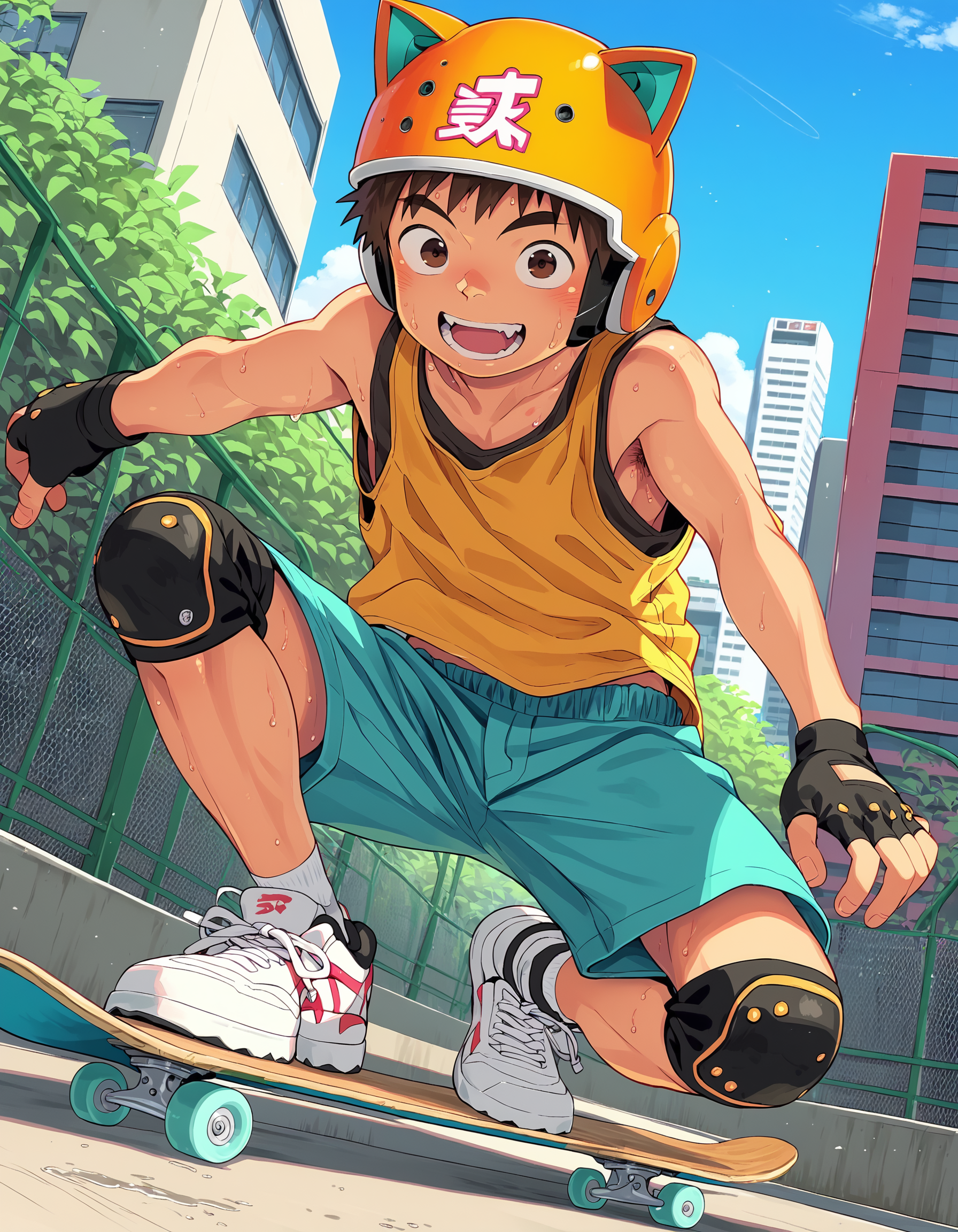 score_9, score_8_up, score_7_up, score_6_up, source_anime, 2020s, solo, outdoors, park, cityscape, dutch angle, 1boy, brown hair, brown eyes, looking at viewer, open mouth, smile, orange tank top, sweat, blue shorts, blush, sneakers, cat ears, helmet, knee pads, black fingerless gloves, skateboarding, skateboard <lora:Skateboard_Pony_XL:1> <lora:shounen_zoom-amxl-v7Pe-ShoAI:1>