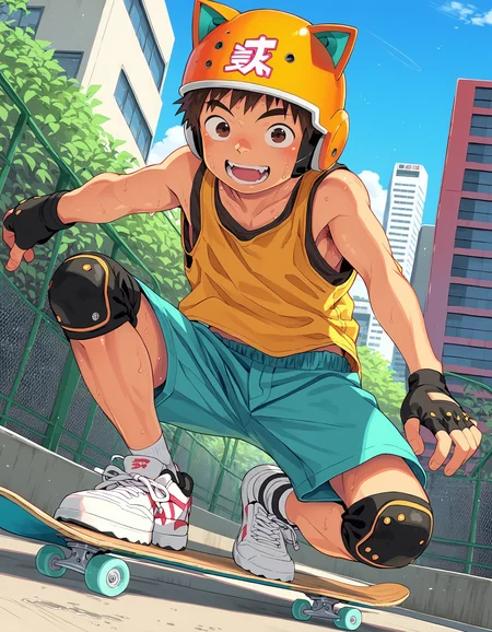 score_9, score_8_up, score_7_up, score_6_up, source_anime, 2020s, solo, outdoors, park, cityscape, dutch angle, 1boy, brown hair, brown eyes, looking at viewer, open mouth, smile, orange tank top, sweat, blue shorts, blush, sneakers, cat ears, helmet, knee pads, black fingerless gloves, skateboarding, skateboard <lora:Skateboard_Pony_XL:1> <lora:shounen_zoom-amxl-v7Pe-ShoAI:1>