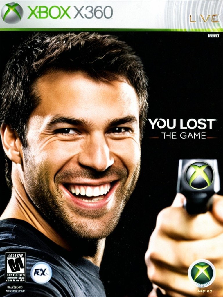 xb0xc0ver, detailed, masterpiece,xbox360 video game cover of man grinning and pointing at the viewer, ((text "YOU LOST THE GAME")) <lora:Xbox360Cover4:0.9>