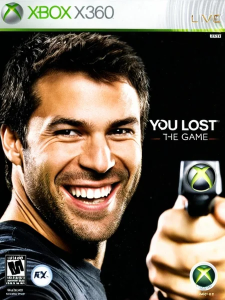 xb0xc0ver, detailed, masterpiece,xbox360 video game cover of man grinning and pointing at the viewer, ((text "YOU LOST THE GAME")) <lora:Xbox360Cover4:0.9>