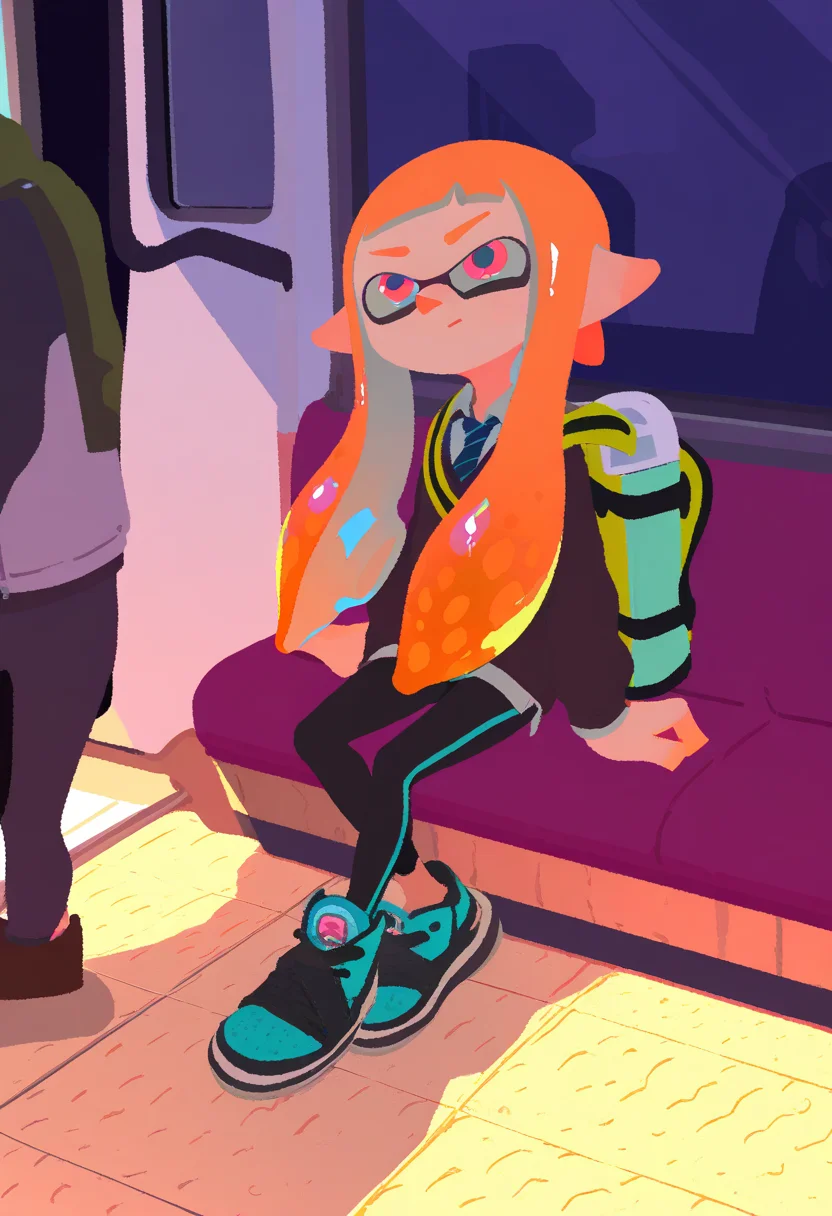inkling commuting on subway, messenger bag,
best quality, amazing quality, very aesthetic, absurdres, <lora:Splatoon_byKonan:1>
