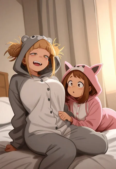 masterpiece,best quality,amazing quality,very aesthetic,absurdres,newest, huge filesize,masterpiece, best quality, good quality, newest,highly detail, khyle, 2 girls, ochako uraraka, himiko toga, pokemon onesie, bedroom, laughung, cute, sitting on bed