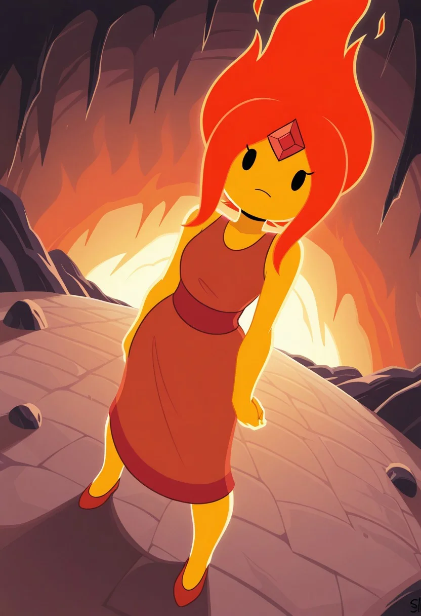 masterpiece, best quality, newest, absurdres, highres, 1girl, amazing quality, good lighting, 1girl, solo,yellow skin, red hair, red dress, medium hair, red fiery hair, flameprincessILL looking at viewer, dynamic angle, foreshortening, black eyes, cartoon, source_CARTOOn, flame princess from adventure time, full body, hand behing back, inside a volcano, standing on rock, sfw, safe for work, safe_pos
