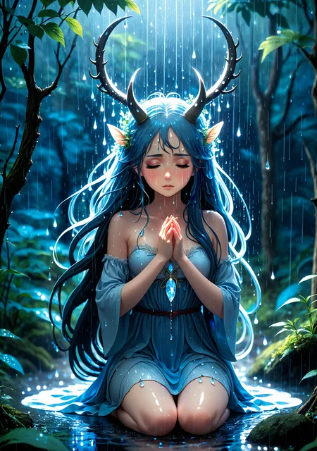 2D anime style, inspired by Studio Ghibli, mystical girl with long hair and ethereal horns, kneeling in a forest clearing under heavy rain, surrounded by sparkling blue energy and raindrops. She has an expressive, heart-wrenching gaze, reflecting her internal conflict and sadness. Her delicate fingers are gently touching the water, creating ripples as her tears blend with the raindrops. The intricate details in her outfit and surroundings, with vibrant and magical plants, create an enchanting and somber environment. The atmosphere is both melancholic and hopeful, as she grapples with her emotions and the awakening of her powers. High detail and complexity