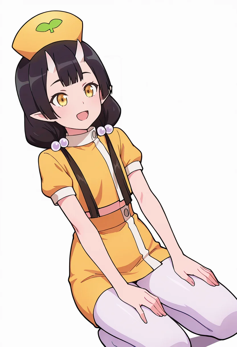 Smooth Quality,masterpiece,very intricate, high quality details, ultra realistic, high detailed skin,detailed enviorement,absurdres,
reaching,solo,
 <lora:Care_Resumisu_CNR:0.8> care_cnr, 1girl,black hair, pointy ears, long hair, yellow eyes, oni, low twintails, skin-covered horns, bobbles, 
care_yellow_cnr, yellow dress, white pantyhose,short sleeves,hat, hair ornament, hair bobbles, nurse cap,, simple background, white background, dynamic angle,
kneeling, hands on thighs, head slightly tilted, neutral expression, focused gaze,  ,, t-shirt, ,crop top, ,high-waist pants, ,, :d,