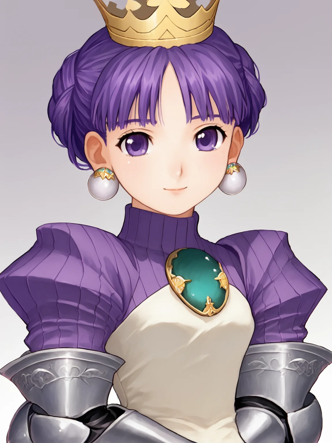 score_9, score_8_up, score_7_up, 1girl, solo, <lora:100_grad:1> gradriel, pcarmor, purple hair, purple eyes, hair up, crown, white earrings, grad turquoise brooch, grad purple turtleneck, grad dress, gauntlets, looking at viewer, slight smile, hands in lap