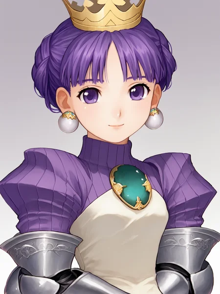 score_9, score_8_up, score_7_up, 1girl, solo, <lora:100_grad:1> gradriel, pcarmor, purple hair, purple eyes, hair up, crown, white earrings, grad turquoise brooch, grad purple turtleneck, grad dress, gauntlets, looking at viewer, slight smile, hands in lap