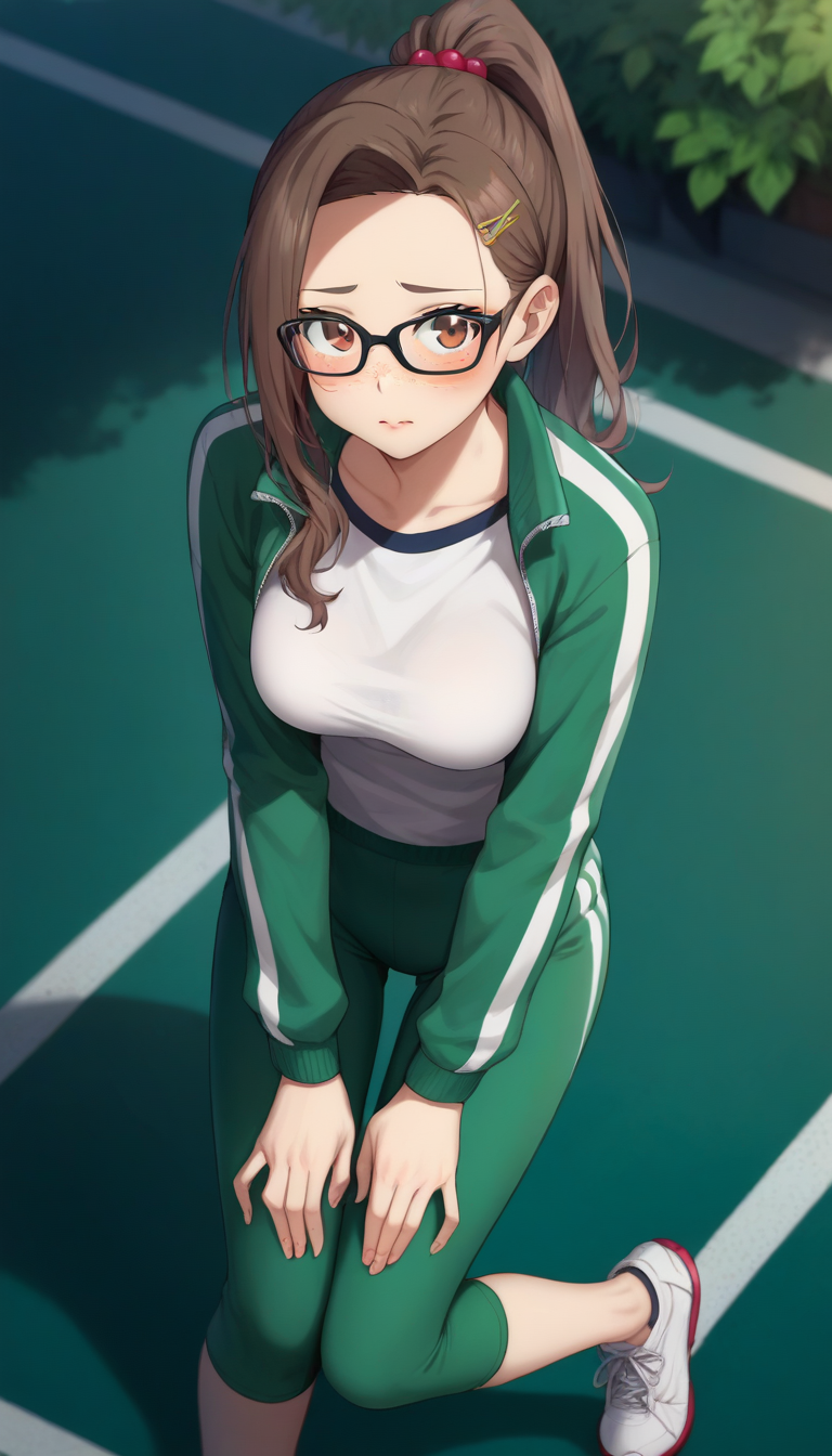 score_9,score_8_up,score_7_up,score_6_up BREAK official art,solo,outdoors,cowboy shot,looking at viewer,facing viewer,deadpan,nervous,blush,Jugyeong Lim,long hair,brown hair,ponytail,hair pulled back,hair ornament,hairclip,forehead,brown eyes,black-framed eyewear,freckles,track jacket,green jacket,white shirt,long sleeves,arms on knees,medium breasts,track pants,green pants,sneakers,white footwear,<lora:Jugyeong Lim(tb)-Pony:1.4>,