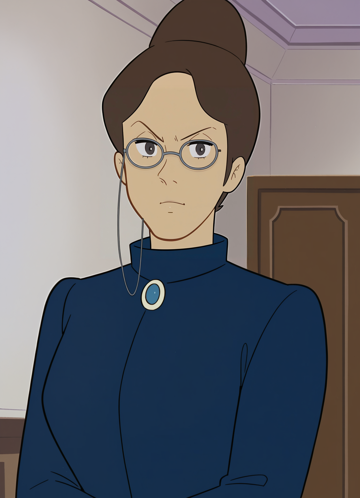 <lora:Rottenmeier-Alps_no_Shoujo_Heidi:1>,Rottenmeier,1girl,solo,brown hair,hair bun,single hair bun,blue dress,glasses,looking at viewer,indoors,upper body,