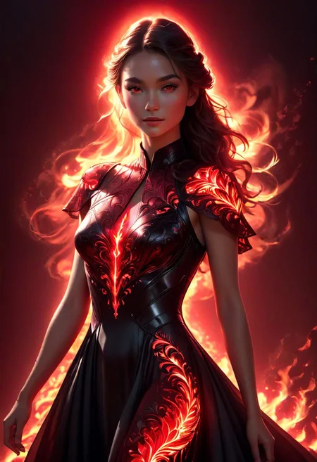 a woman in a black dress with red light on her face, glowing red, red and cinematic lighting, red glowing skin, red glow, cinematic red lighting, darkness aura red light, 3 d neon art of a womens body, red neon, red on black, detailed red lighting, with glowing red eyes, red lighting, dark glowing red aura