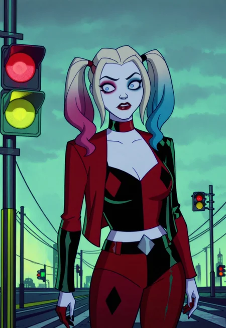 safe_pos, masterpiece, harquinstyle, Harley Quinn, 1girl, makeup, twintails, blue eyes, lipstick, breasts, choker, jacket, eyeshadow, belt, blue blonde pink multicolored gradient hair, red lips, pale skin, traffic light, cowboy shot