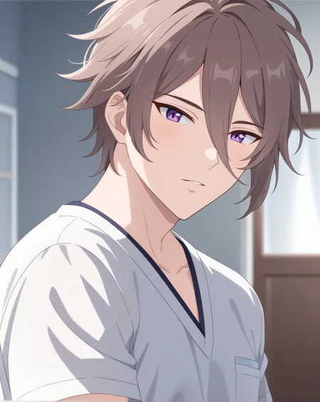 masterpiece, best quality, very aesthetic, absurdres, very detailed, sensitive, depth of field, ((1boy, solo, male only, male focus, upper body, portrait)), <lora:graham_fallon_sdxl_lora:1>, (graham de fallon, brown hair, purple eyes, short hair, hair between eyes, long bangs), medical scrubs, white clothes, hospital, looking at viewer, <lora:Lightning-8:0.5>, <lora:xl_more_art-full_v1:0.6>