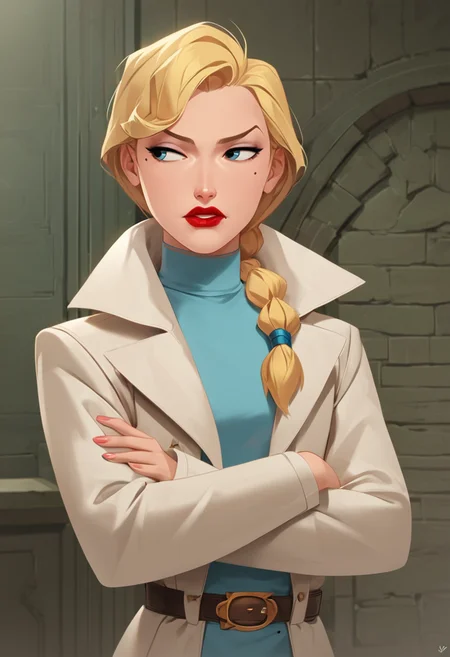 PonyXLV6_Scores,source_anime,masterpiece,best quality, highly detailed,cinematic,unity 8k wallpaper, amazing quality, masterpiece, best quality, UHD, perfect anatomy,
BREAK
<lora:helga:0.8>helga,crossed arms, 1girl, blonde hair, solo, mole, mole under eye, coat, lipstick, short hair, red lips, makeup, looking to the side, belt, turtleneck,single braid, parody,