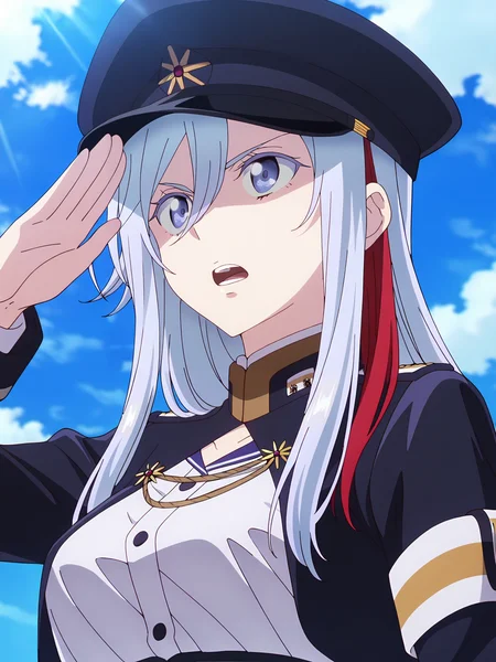 <lora:Vladilena_Milizé:0.8>, vladilena millize, 1girl, solo, blue eyes, long silver hair, red streaks, military hat, military uniform, gold trim, white shirt, shirt tucked in, armband, determined, serious, frown, open mouth, teeth, standing, arm at side, salute, portrait, from below, looking ahead, outdoors, blue sky, day, cloud, sunlight