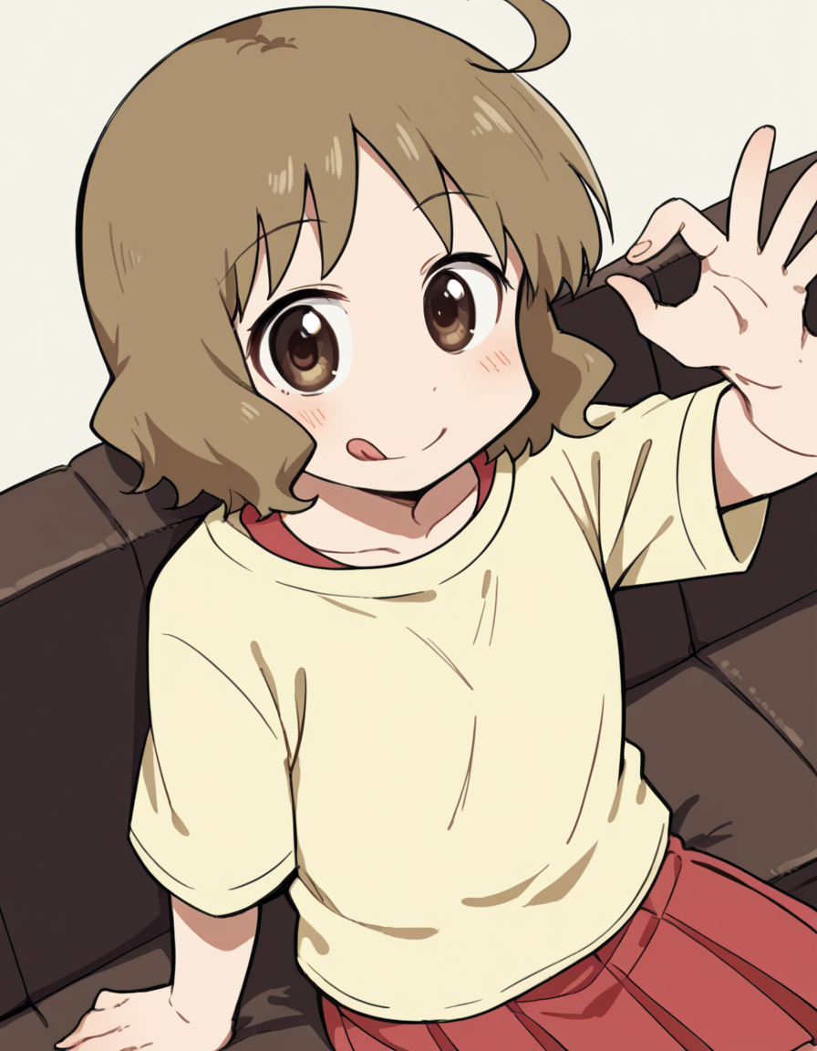 score_9, score_8_up, score_7_up, source_anime, <lora:izumi-sakurai-s1-ponyxl-lora-nochekaiser:1>, izumi sakurai, short hair, brown hair, brown eyes, ahoge,, skirt, yellow shirt, pleated skirt, red skirt,, restaurant, laughter, good food, warm lighting, celebration, smile, <lora:money-gesture-ponyxl-lora-nochekaiser:1>, money gesture, blush, sitting, couch, arm support, smile, tongue out, knee up, from above, looking at viewer, solo,, dutch angle, cowboy shot