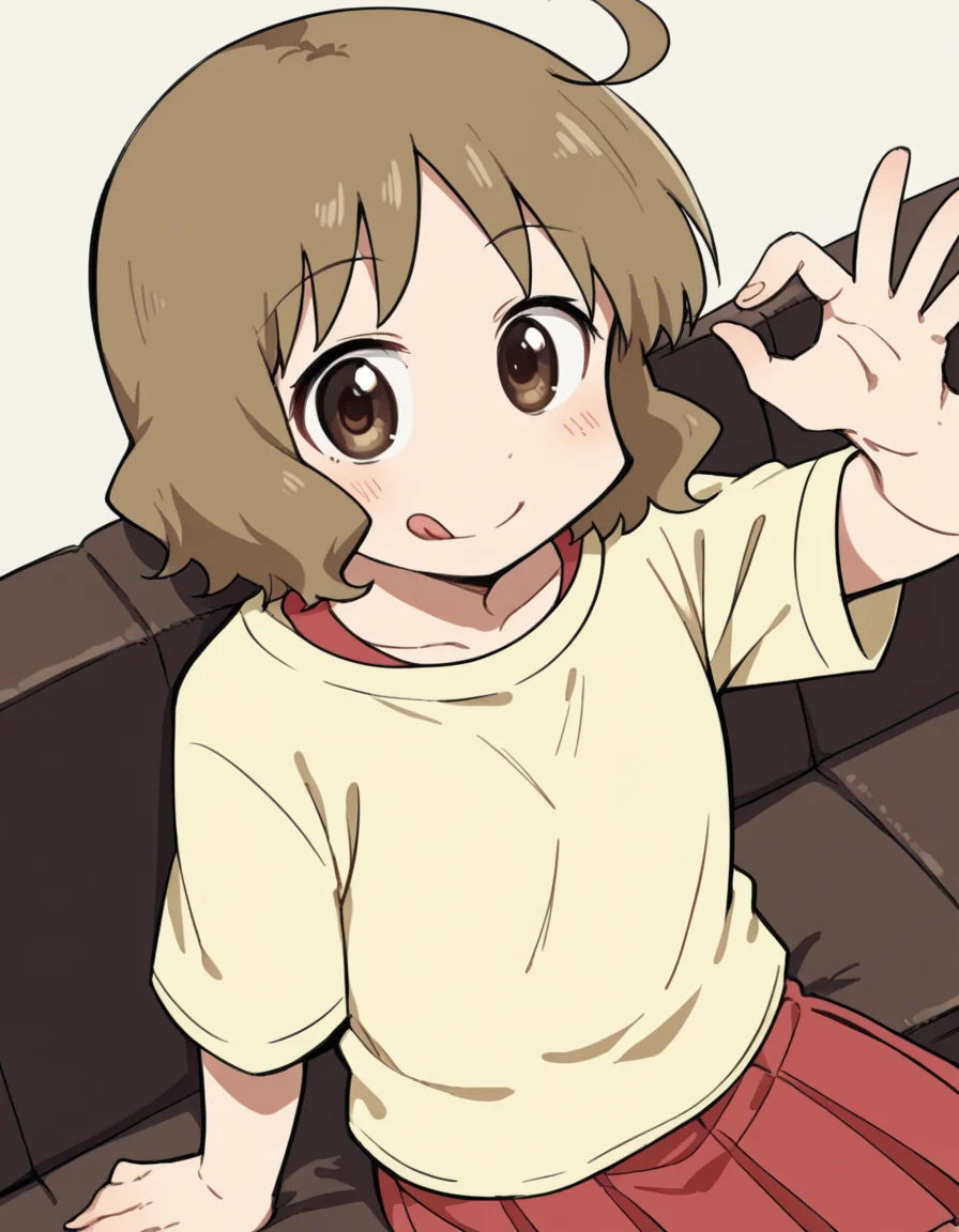 score_9, score_8_up, score_7_up, source_anime, <lora:izumi-sakurai-s1-ponyxl-lora-nochekaiser:1>, izumi sakurai, short hair, brown hair, brown eyes, ahoge,, skirt, yellow shirt, pleated skirt, red skirt,, restaurant, laughter, good food, warm lighting, celebration, smile, <lora:money-gesture-ponyxl-lora-nochekaiser:1>, money gesture, blush, sitting, couch, arm support, smile, tongue out, knee up, from above, looking at viewer, solo,, dutch angle, cowboy shot