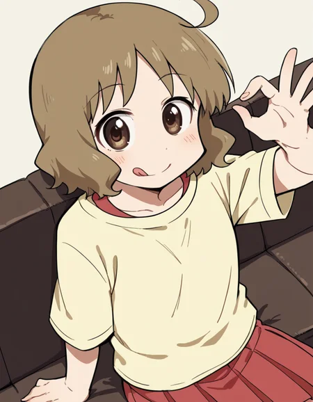 score_9, score_8_up, score_7_up, source_anime, <lora:izumi-sakurai-s1-ponyxl-lora-nochekaiser:1>, izumi sakurai, short hair, brown hair, brown eyes, ahoge,, skirt, yellow shirt, pleated skirt, red skirt,, restaurant, laughter, good food, warm lighting, celebration, smile, <lora:money-gesture-ponyxl-lora-nochekaiser:1>, money gesture, blush, sitting, couch, arm support, smile, tongue out, knee up, from above, looking at viewer, solo,, dutch angle, cowboy shot