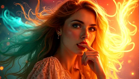 vintage style from 1930s,
Extreme realism in a complex, highly detailed composition featuring a woman with flowing rainbow-colored hair. The glowing background, with its vibrant colors, exaggerated details, intricate textures, and dynamic lighting, creates a whimsical, dreamy atmosphere in photorealistic quality.
Trails of light that weave through the scene, adding a playful and dynamic element.
Ribbons of light that float gently through the air, adding a delicate, ethereal touch.Background glows that are softly out of focus, adding depth and a dreamy quality.
Her hand is near her mouth, with her fingers lightly touching her lips, creating a slightly playful expression.