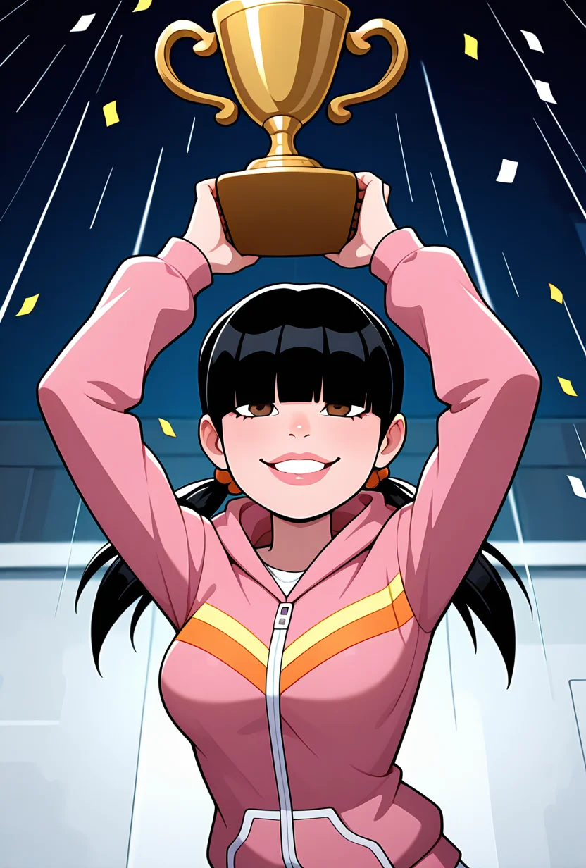 <lora:julieov:1>, julieov, black hair, twintails, 1girl, breasts, low twintails, pink hoodie, blunt bangs, hair ornament, jacket, long sleeves, brown eyes, lips, hair over eyes,, white skirts, expressive, wide face, holding , lifting trophy, golden trophy, teeth, smile, confetti, a lot of confetti, raining confetti, confetti spam,  lifting over head, golden medal, action, masterpiece, best quality, amazing quality, very aesthetic, absurdres, newest,