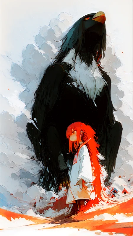 masterpiece, newest,absurdres,incredibly absurdres, best quality, amazing quality, very aesthetic, simple white background, surreal,
1woman, livingroom, clouds, floating dress, wind, absurdly long hair, dirt road, oversized monster girl, eagle monster, looking at another, (looking down:1.3), 
 <lora:YB_IL:1> yb <lora:S4bit4mago:1> S4bit4mago_illu,   <lora:Lifeline_Illu_Edition:1> LL-Illu <lora:ka_marukogedago:0.8> k4_illu, abstract, traditional media, scan, blending, painting \(medium\), oil painting \(medium\) <lora:XXX477:0.6> xxx667_illu,