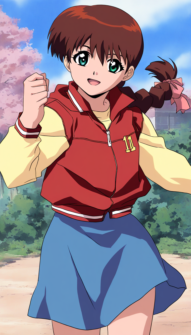 masterpiece, best quality, good quality, <lora:Miyanoshita_Satsuki_IS:1>
Miyanoshita_Satsuki, 1girl, solo, brown hair, green eyes, single braid, long hair, bangs, 11, open mouth,
blue skirt,red jacket,Yellow long sleeves,
 anime coloring, outdoor, day, sky,
smile,looking at viewer, cowboy_Shot,