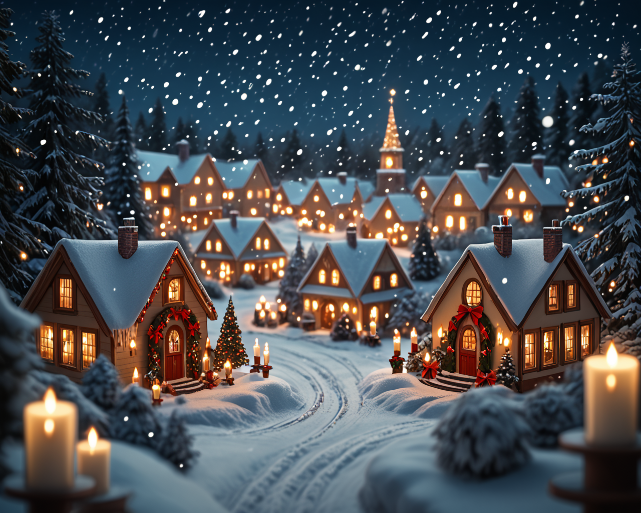 score_6_up,score_5_up,score_4_up, masterpiece, best quality, very aesthetic, life-like, depth of field, detailed textures, bright colors, natural light, ultra HD, fine details, soft background blur, <lora:Wolvies_Christmas_Village_STYLE_v241215.0040:1> xmas_village, holiday, Christmas, scenery, night, winter, Christmas tree, lamppost, a small village at (night:1.1), at Christmas time, with candles in the windows, snow covered, falling snow, cozy look at feel, cheery, incredible quality, highly realistic, incredible detail, 32k, complex, photographic quality, masterpiece, best quality, very aesthetic,, Albumen print, 1800s, depth of field, cottage, storybook architecture, Thomas Kinkade style, shimmering lights, brilliant colors