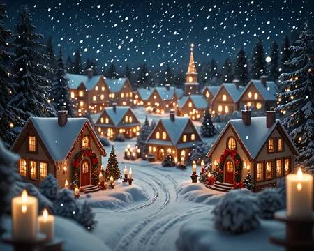 score_6_up,score_5_up,score_4_up, masterpiece, best quality, very aesthetic, life-like, depth of field, detailed textures, bright colors, natural light, ultra HD, fine details, soft background blur, <lora:Wolvies_Christmas_Village_STYLE_v241215.0040:1> xmas_village, holiday, Christmas, scenery, night, winter, Christmas tree, lamppost, a small village at (night:1.1), at Christmas time, with candles in the windows, snow covered, falling snow, cozy look at feel, cheery, incredible quality, highly realistic, incredible detail, 32k, complex, photographic quality, masterpiece, best quality, very aesthetic,, Albumen print, 1800s, depth of field, cottage, storybook architecture, Thomas Kinkade style, shimmering lights, brilliant colors