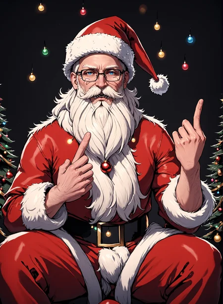 Santa Overlords Style, (masterpiece, best quality, ultra-detailed, best shadow), (detailed background, christmas fantasy), (beautiful detailed face), high contrast, (best illumination, an extremely delicate and beautiful), ((cinematic light)), solo, looking at viewer, 1boy, hat, sitting, white hair, male focus, glasses, facial hair, christmas, beard, santa hat, santa costume, mustache, old man, middle finger, arm hair, christmas lights, christmas theme, perfect anatomy, <lora:SantaOverlordsXL:0.8>
