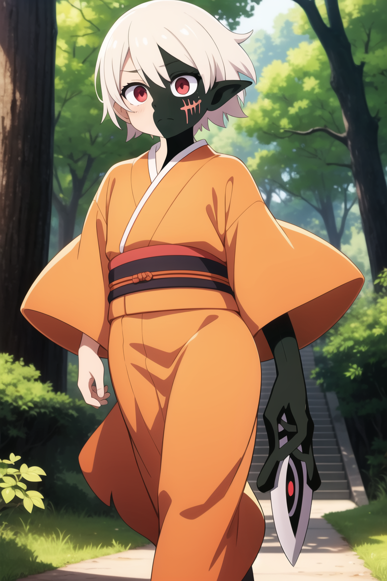 Tools used : a1111, depth midas (0.5), krita || Keywords : boy, young, orange kimono, monster, parasite, contamination, infested face, infested arm, nightmare, tentaculous, sharp sword, white hair, red eyes, walking in the forest