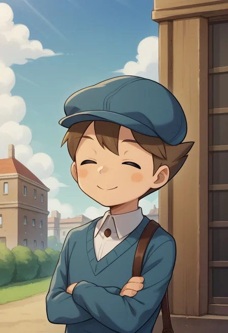 score_9, score_8_up, score_7_up, source_anime, highly detailed,
luke, 1boy, solo, male focus, black eyes, hat, blue headwear, brown hair, upper body, shorts, smile, sweater, shirt, white shirt, blush stickers, crossed arms, closed eyes,
outdoor, sky, building, steampunk,