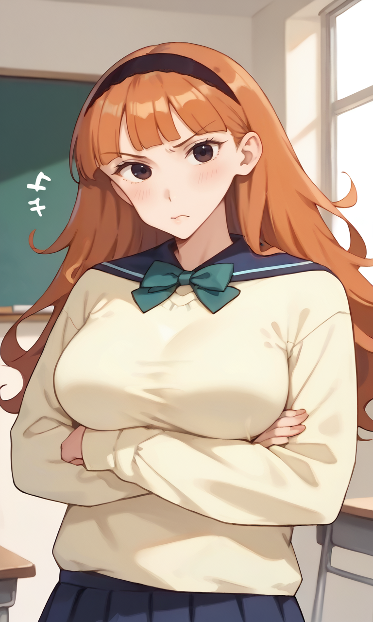 (1girl:1.5), (solo:1.3), (score_9, score_8_up, score_7_up, score_6_up, score_5_up, score_4_up), (source_anime), rating_questionable, looking at viewer, (upper body:1.3), blue sky,  indoors, classroom, chalkboard, 
(yellow sweater, oversized clothes, long sleeves, blue sailor collar, green bowtie, blue skirt, pleated skirt, miniskirt, white socks, black footwear), (large breasts), <lora:mari-classmate-orange_v1:0.9> (mari-classmate-orange), (black eyes, eyelashes, orange hair, long hair, curly ends hair, voluminous hair, blunt bangs, no sidelocks, black simple hairband, frown, angry),
standing, 
 crossed arms, cross arms in front, under breasts