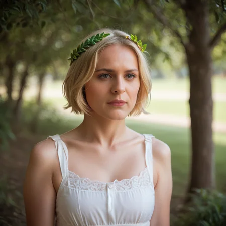 score_9_up, score_8_up, BREAK, 1girl, photo of woman, blonde hair, short hair, depth of field, realistic, highly detailed, detailed skin, cinematic lighting, movie still, light particles, blurry background, vibrant color, mature female, light particles, BREAK, sundress, laurel crown, <lora:LaurelCrown_PXL_Leaf:1>