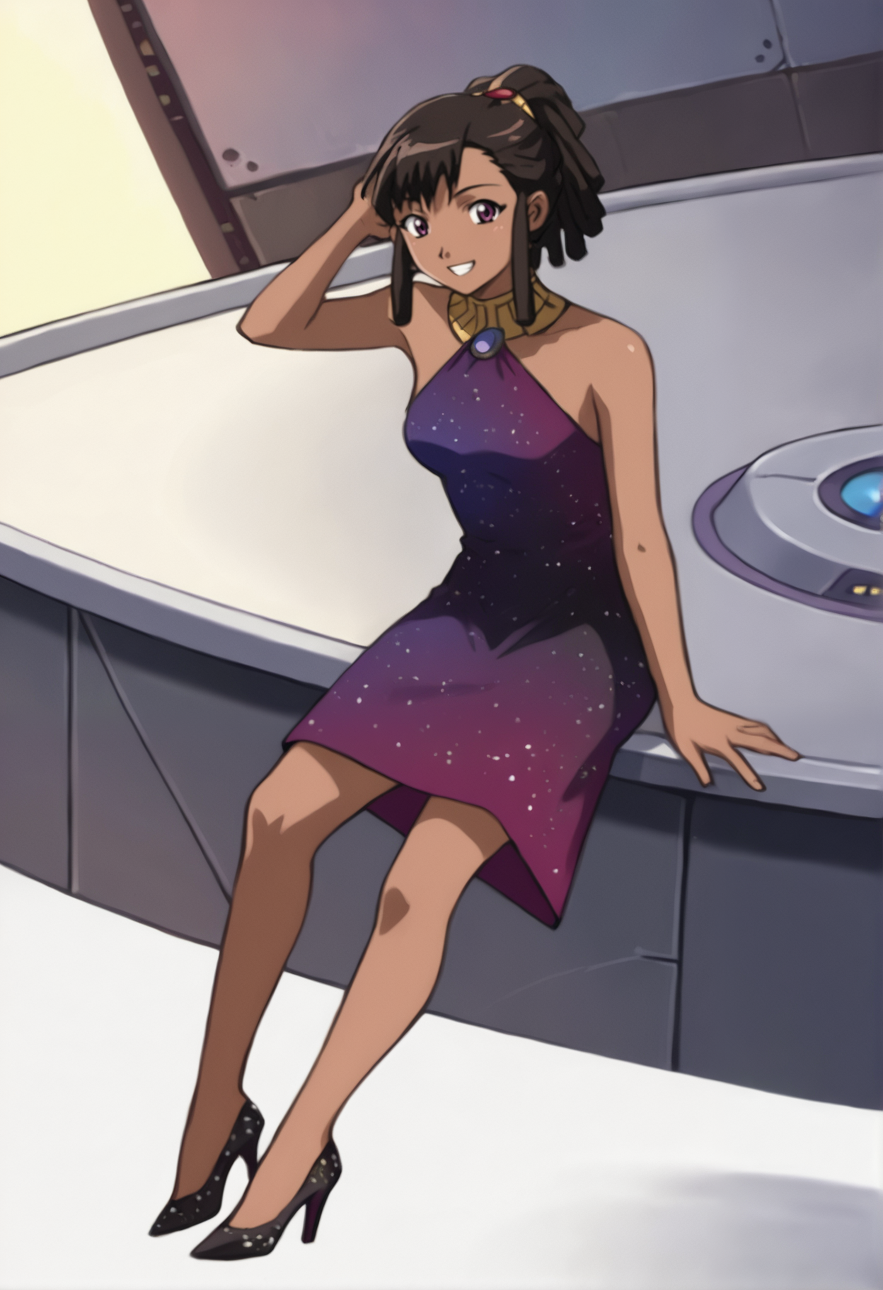 score_9_up, source_anime, amarone_sliantheav, 1girl, full body. brown hair, dark skin, dark-skinned female,  black hair,  short hair, brown eyes, purple eyes,   sidelocks, long hair, ponytail,  dreadlocks, asymmetrical bangs,  smile. black silk dress. high heels. sparkly dress.