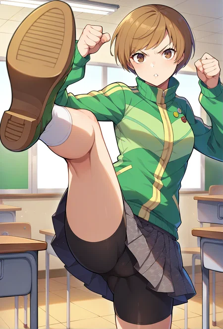 score_9, score_8_up, score_7_up, source_anime, 1girl, solo, <lora:zs_ChieXL.safetensors:1.0> chiedef, brown hair, short hair, brown eyes, track jacket, badges, skirt, houndstooth, bike shorts, white socks, looking at viewer, uplift skirt, brown shoes, classroom, focused <lora:muay_thai_kick.safetensors:0.9> leg kick fighting stance, incoming attack, ((mid air, dynamic, motion blur))