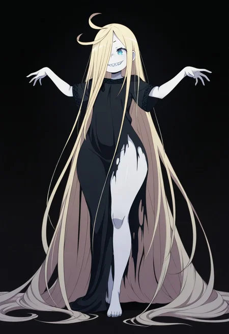 <lora:Rui Arneb:1>
ru1, blonde hair, absurdly long hair, blue eyes, hair over one eye, sharp teeth, antenna hair, pale skin, 
torn black dress, short sleeves, barefoot, outstretched arms, grin, 
simple background, black background, masterpiece, best quality, amazing quality, thick thighs, wide hips,