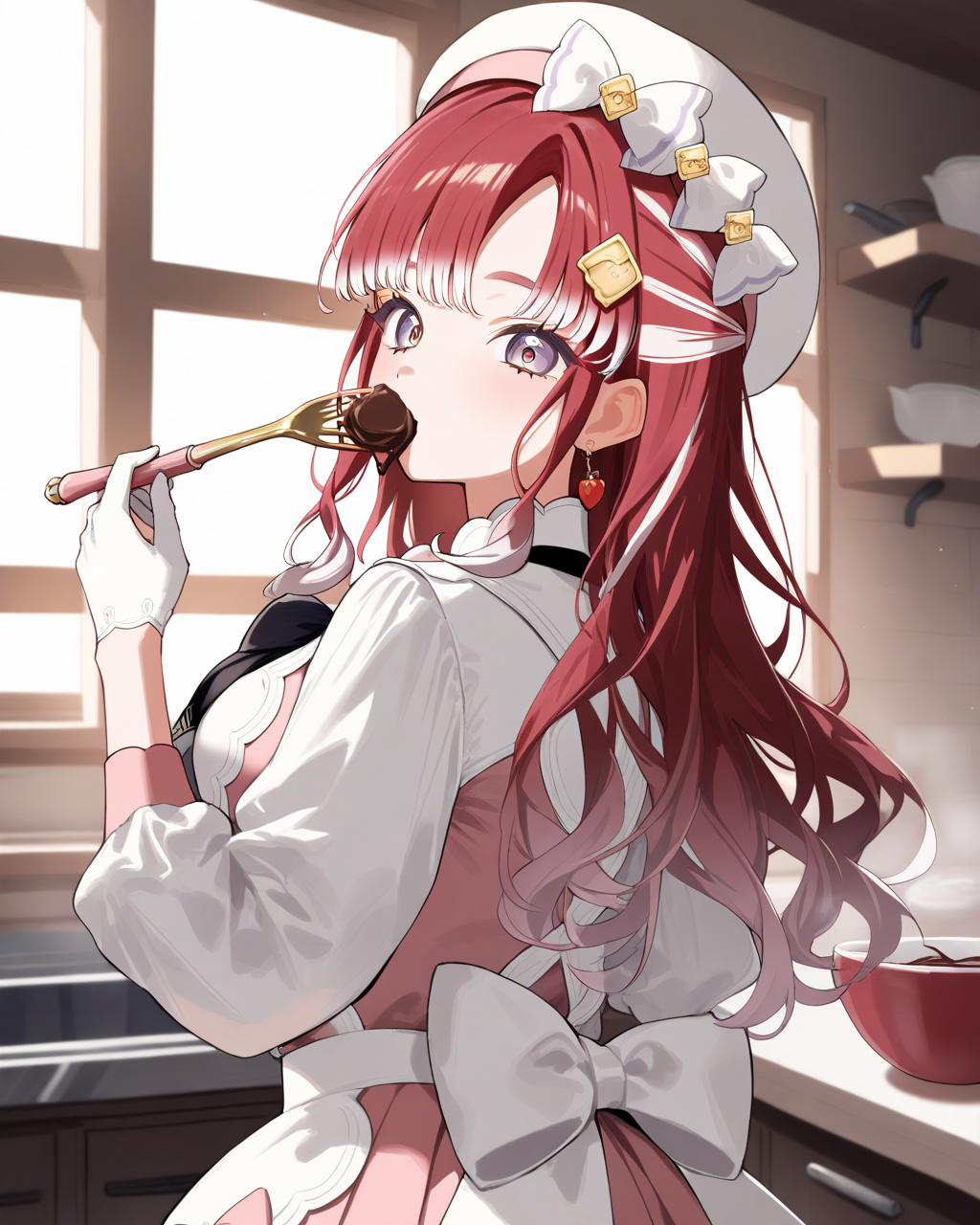 1girl,
SaotomeBerryNijisanji,
safe, solo, upper body, from behind,
holding spatula, chocolate, bowl,
white headwear,
hat bows,
earrings,
hair ornament,
white jacket, black neckerchief,bowtie,
double-breasted, large breasts,
pink dress, frilled dress,
puffy sleeves, white gloves,
white apron,
kitchen,
depth of field,
<lora:kp_SaotomeBerryNijisanji1stCostumeAnimagineXL_v1_1:1.0>,
masterpiece, high score, great score, absurdres