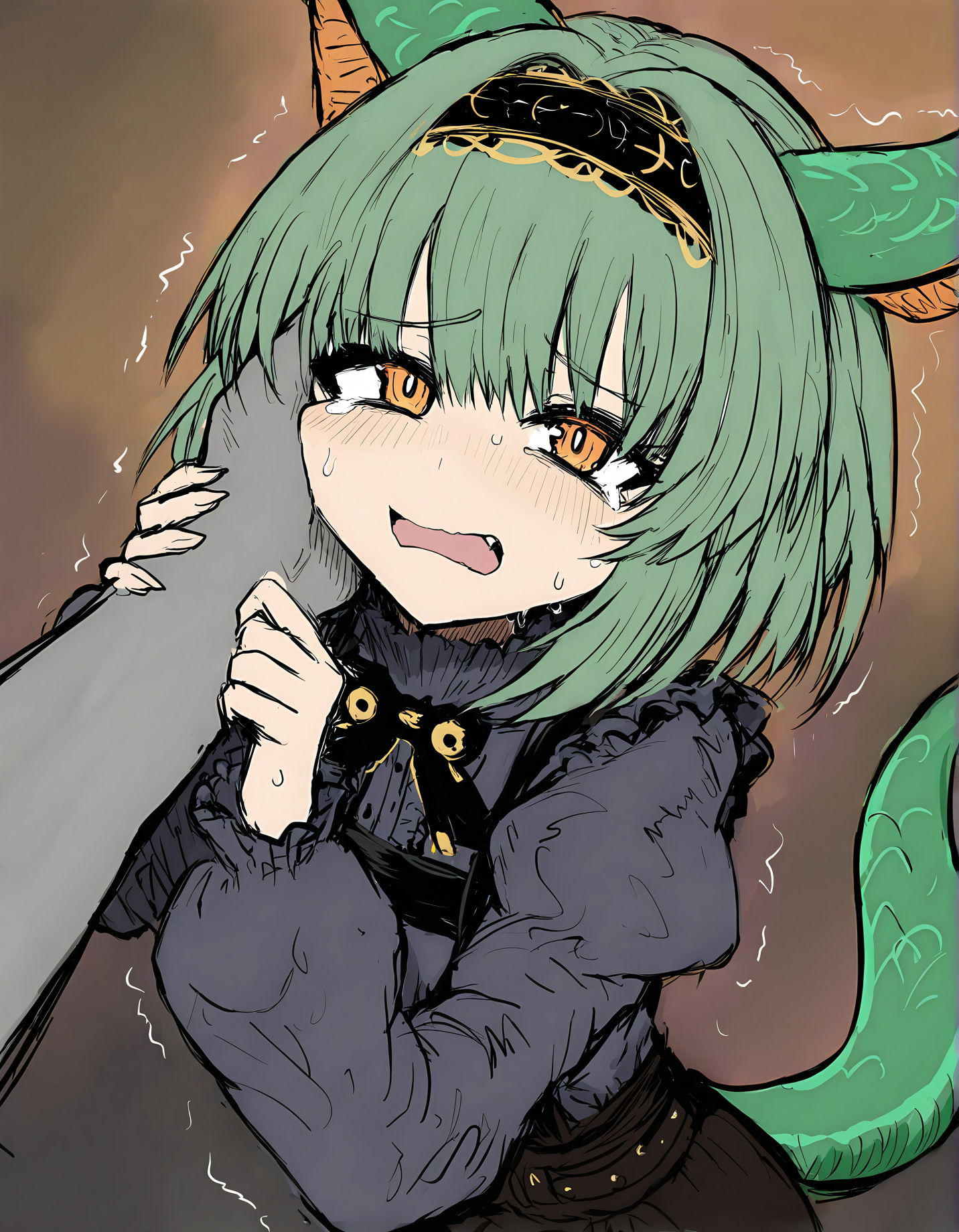 sushi yuusha toro, green hair, tail, hairband, long sleeves, 1girl, general, looking at viewer, trembling, hand on another's face, solo focus, yellow eyes, upper body, short hair, sketch, lizard tail, hand on another's cheek, black hairband, shirt, orange eyes, puffy sleeves, green tail, 1boy, frills, open mouth
very awa, masterpiece, best quality, year 2024, newest, highres, absurdres, <lora:black-souls-style-noobai-vpred10-prodigy-DoRA-debiased:1>