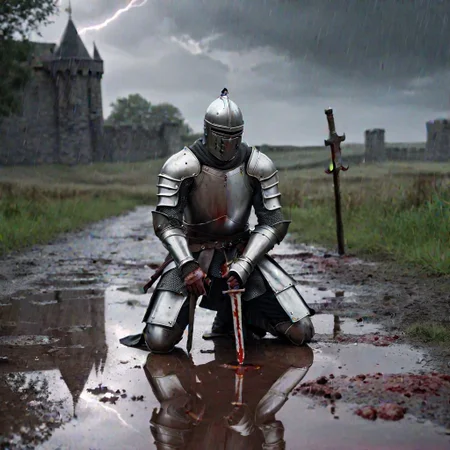 Masterpiece, DonMSt34mPXL, Realistic Lightning, Cinematic Lightning, Dark Lightning, Rain, Puddle, Clouded Sky, medieval, fantasy, pedestrians, Cape, Reflection.
((((broken, kneeling, male Knight, with bloody armor and closed helmet. Holding a broken sword) leaning on a (broken sword))) in a (medival battlefield)). (Unfocused corpses laying in background). fandist background.